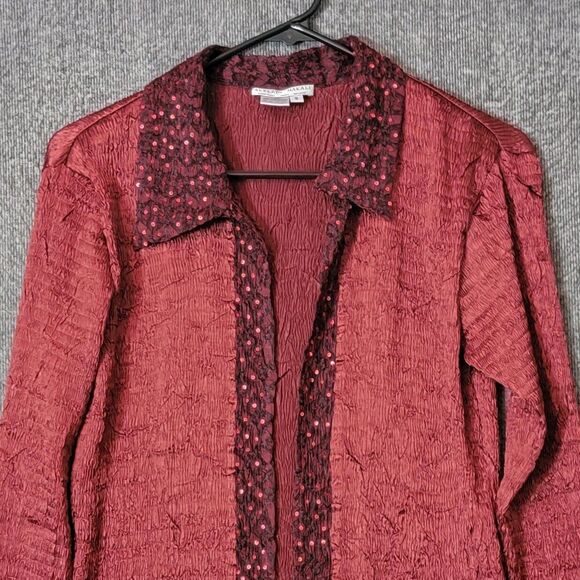 Alberto Makali Shirt Womens S Red Open Front Sequin Crinkle Cardigan Top Jacket - Picture 2 of 10